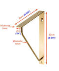 Four Pack Straight Up Premium Solid Gold Brass L Shaped Shelf Brackets With Screws, 22cm x 22cm dimensions, detailed measurements shown.