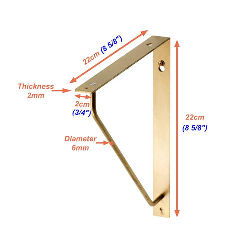 Four Pack Straight Up Premium Solid Gold Brass L Shaped Shelf Brackets With Screws, 22cm x 22cm dimensions, detailed measurements shown.