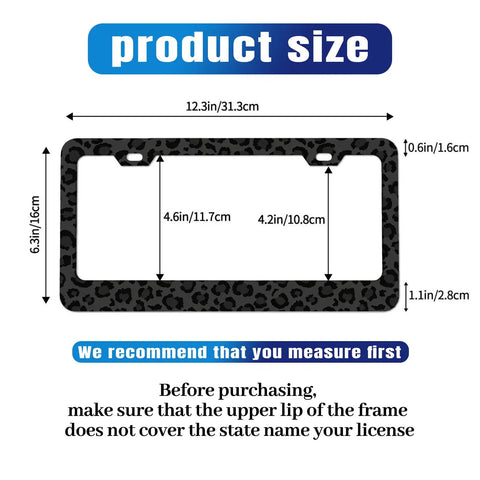 Leopard Print License Plate Frame For Cars, Dope Cheetah Style Aluminum Plate Holder, 12 By 6 Inches, fits standard US vehicles.