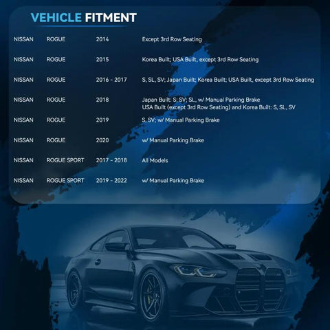 Blue vehicle fitment chart with car image for Beefed Up Brake Kit For Nissan Rogue 2014 Through 2020 And Rogue Sport 2017 Through 2022