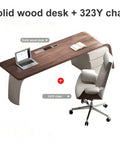 Slick Oversized L Shaped Home Office Desk With Solid Wood Base And Deep Storage Drawers Large Rock Board Top, laptop and chair view.