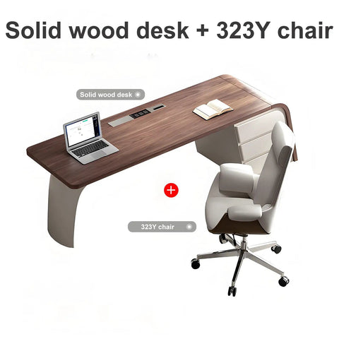 Slick Oversized L Shaped Home Office Desk With Solid Wood Base And Deep Storage Drawers Large Rock Board Top, laptop and chair view.