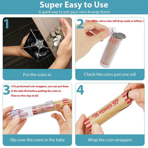 Four-step guide for using 5 In 1 Coin Sorter Tube With Counter And Wrappers, All In One Change Sorter For Pennies Nickels Dimes Quarters And Dollars