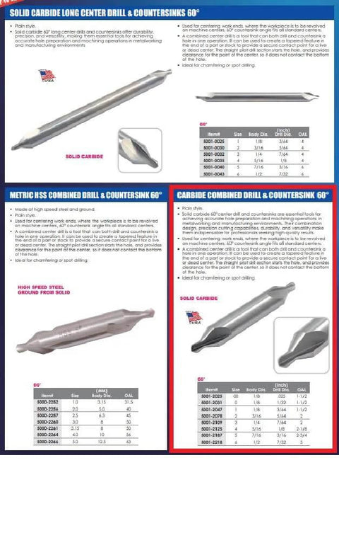 HHIP carbide combined drill and countersink, USA-made, #2 diameter, 2 in length