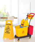Yellow Down Press Mop Wringer Top Shelf Commercial Cleaning Gear Heavy Duty Workhorse Fits 26 Or 33 Quart Buckets with caution sign.