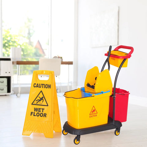 Yellow Down Press Mop Wringer Top Shelf Commercial Cleaning Gear Heavy Duty Workhorse Fits 26 Or 33 Quart Buckets with caution sign.
