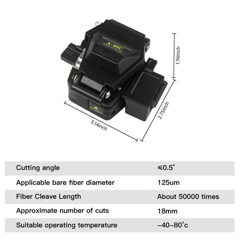 Three In One FTTH Fiber Optic Cleaver And Cutter For Cold Splicing With Tungsten Steel Blade Aluminum Alloy Body High Precision Cable Cutter shown with dimensions and specs