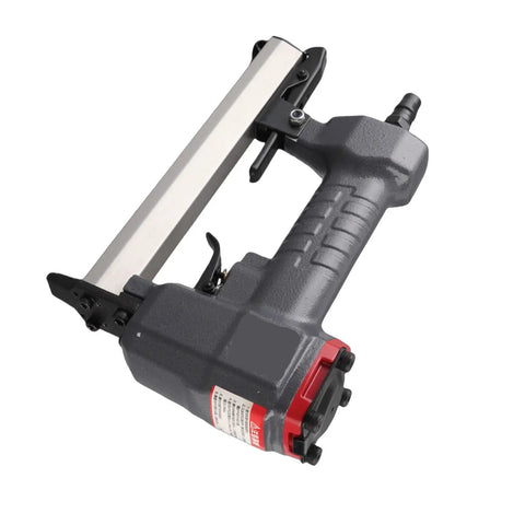 Built Tough Pneumatic Brad Nailer With One Hundred Nail Capacity Clear Viewing Window Zero Hassle Jam Release Plus Hex Wrenches side view detailing design.