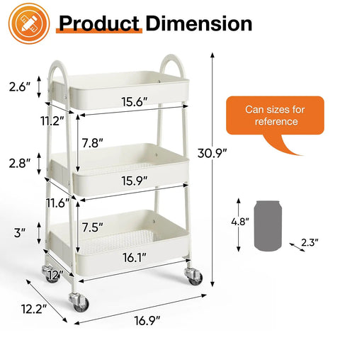 Dimensions of 3-Tier Rolling Utility Cart With Locking Wheels For Small Spaces, Slim Metal Mobile Storage Organizer, White
