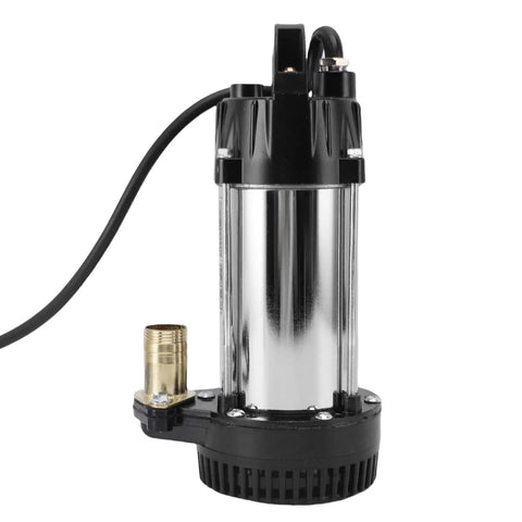 Built Like A Tank Stainless Steel Submersible Sump Pump 300W With 8 Foot Cable side view showing sleek stainless steel design.