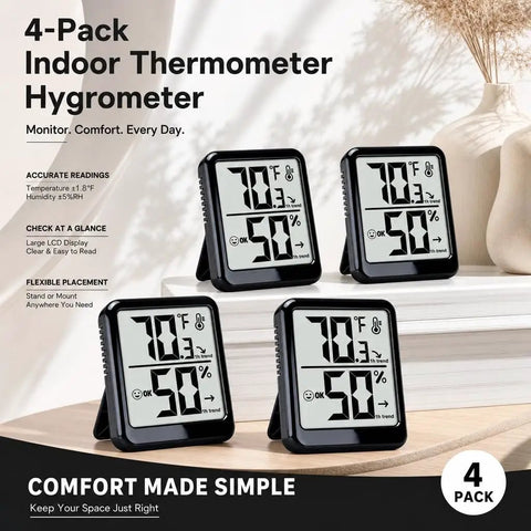 4 Pack Room Thermometer Indoor Hygrometer Humidity Gauge Meter With High Accuracy Temperature And Humidity Monitor Wet Ok Dry Icons For Easy Read Humidity Levels Perfect For Home Office Kitchen Nursery And Garage, four black LCD units
