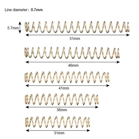Five RC shock absorber springs with varying lengths and 0.7mm line diameter, suitable for 4-Pack 100mm Aluminum RC Shock Absorbers Dampers For 1/10 RC Crawlers TRX4 SCX10 D90 D110 HPI HSP Upgrade Parts With Smooth Damping And Long Durability.