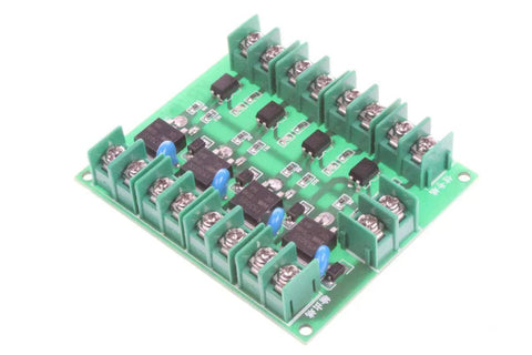 4 Channel FET Module for DC Control With Isolated Input And Output MOS Electronic Switch Board, green circuit board with components.