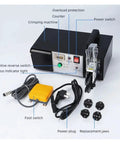 Built Tough Electric Terminal Crimping Machine Cold Crimp Pliers With One Touch Wire Stripper And Cutter showcasing controls and accessories.