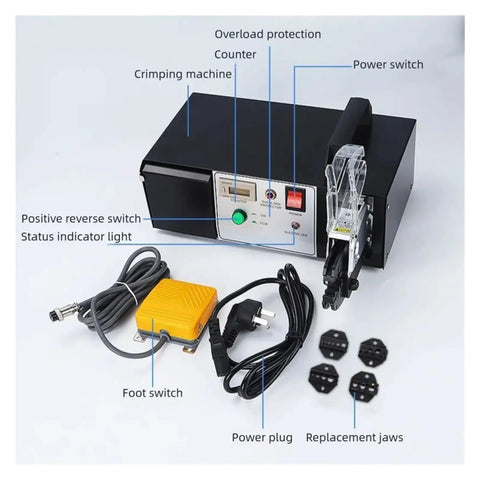 Built Tough Electric Terminal Crimping Machine Cold Crimp Pliers With One Touch Wire Stripper And Cutter showcasing controls and accessories.