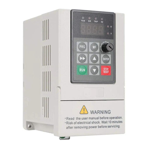 Three Phase Output VFD for Spindle Motors, 0.75KW 110V In, 7A Single Phase to Three Phase Frequency Inverter front view showing control panel