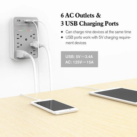 Nine In One Power Strip Extender With Six AC Outlets Three USB Ports And Phone Cradle 1080 Joules Surge Protector In Use