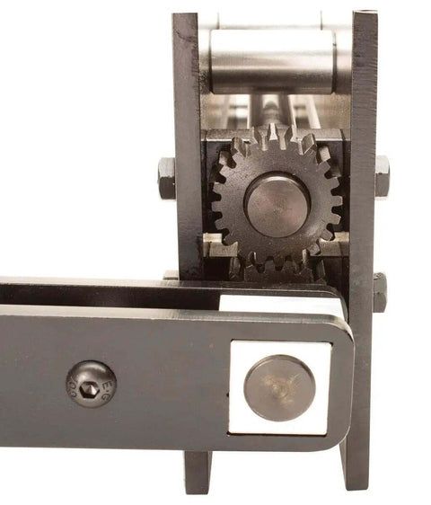 Elite Bead Roller With 27 Inch Throat Capacity close-up view showing heavy duty crank mechanism and die set for metal fabrication.