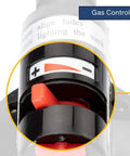 Close-up of Microflam Burner MFB/E gas control valve, featuring red adjustment dial with Piezo ignition and adjustable gas/air controls.