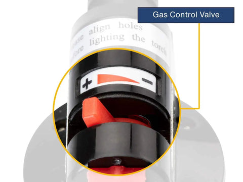 Close-up of Microflam Burner MFB/E gas control valve, featuring red adjustment dial with Piezo ignition and adjustable gas/air controls.