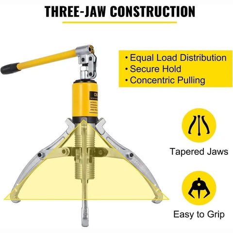 Heavy Duty 15 Ton Hydraulic Wheel Bearing Puller With Adjustable Three Jaw Grips, showcasing three-jaw construction for secure pulling.