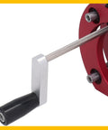 Top Shelf Metal Router Lift Base With Zero Lag Height Control showing height adjustment handle for easy use.