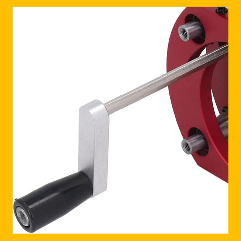 Top Shelf Metal Router Lift Base With Zero Lag Height Control showing height adjustment handle for easy use.