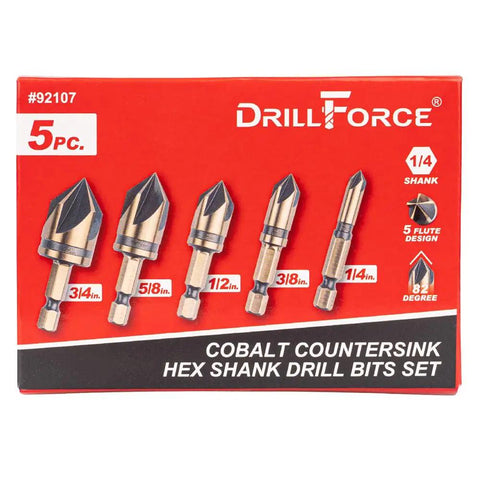Workhorse Pro Grade Cobalt Countersink Drill Bits Set 5 Piece With M35 HSS Co 82 Degree Five Flutes 1/4 Inch Quick Change Hex Shank