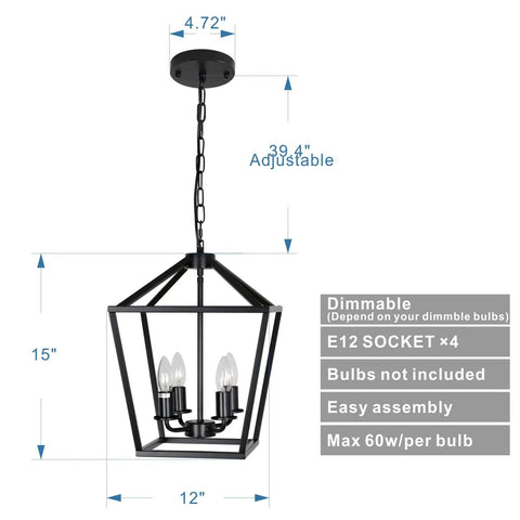 4 Light Lantern Pendant Light With Industrial Black Cage Farmhouse Chandelier showing dimensions and chain length