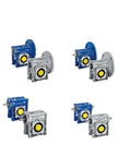 Four worm gear reducers in blue and gray, shown from front and side views with yellow input shafts