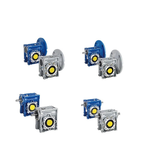Four worm gear reducers in blue and gray, shown from front and side views with yellow input shafts