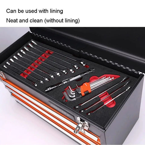 Portable Steel Tool Box Organizer in Orange and Black with Two Drawers, Removable Inner Tray, open with tools inside
