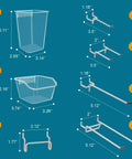 Diagram of Pegboard Organizer Kit with transparent cups, wire baskets, hooks, and accessories for storage