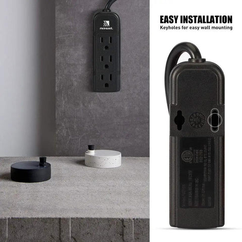 Wall Mountable Power Strip With Three Grounded Outlets And Braided Ten Inch Cord Black Travel Friendly Compact Extension No Surge Protector ETL Listed 13A 125V 1625W For Home Office And On The Go, shown wall mounted.