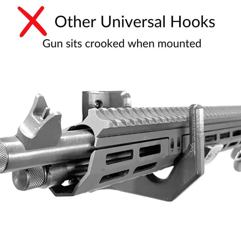 Rifle mounted without Awesome Universal Rifle Hooks That Are Super Versatile For Your Shotgun Or Bolt Action With Self Leveling Low Profile Floating Design Great For Gun Room Or Safe Storage Organization Made In The Usa, showing gun alignment issue