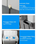 Portable Swamp Cooler With 100 Liter Water Tank And Three Wind Speeds shows water inlet features for easy filling and connection.
