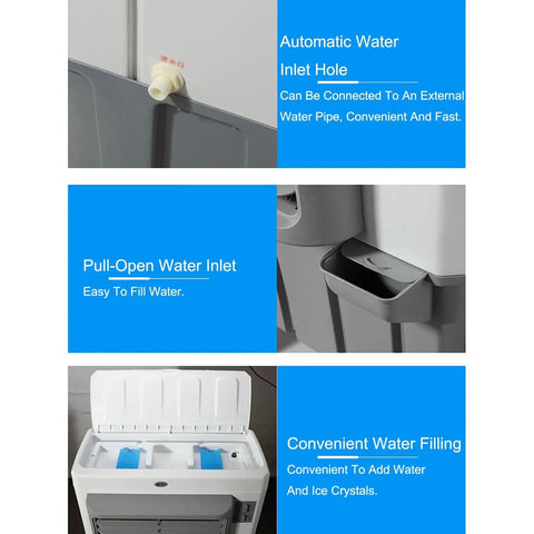 Portable Swamp Cooler With 100 Liter Water Tank And Three Wind Speeds shows water inlet features for easy filling and connection.