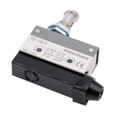 Horizontal Limit Switch TZ-7311 With Momentary Parallel Roller Plunger Actuator 380V AC 10A Single Pole IP54, shown from side angle