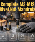 Rivet Nut Tool Kit With M3 To M12 Mandrels Carbon Steel Rivet Nut Gun Set For Automotive Repair And Metal Fabrication Heavy Duty And DIY Friendly Replaceable Mandrels For Threaded Inserts And Durable Construction. M3-M12 mandrels and threaded inserts