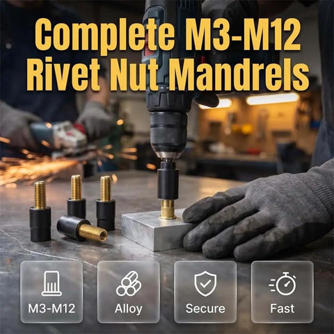 Rivet Nut Tool Kit With M3 To M12 Mandrels Carbon Steel Rivet Nut Gun Set For Automotive Repair And Metal Fabrication Heavy Duty And DIY Friendly Replaceable Mandrels For Threaded Inserts And Durable Construction. M3-M12 mandrels and threaded inserts