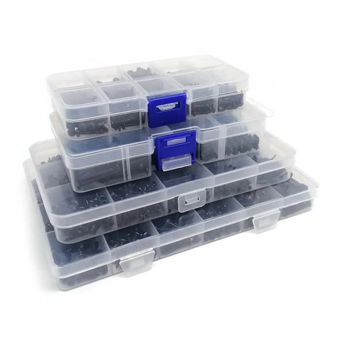 Heavy Duty Black Steel Micro Phillips Wood Screws Round Pan Head Self Tapping Hardware Kit in transparent storage boxes.