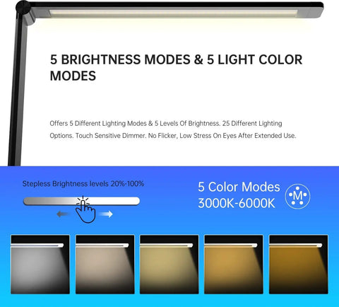 Slick LED Desk Lamp With Wireless Charger And USB Port Dimmable Eye Caring Reading Light showing 5 brightness and color modes