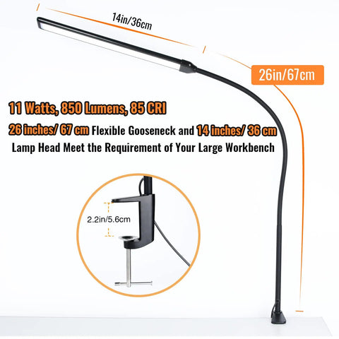 Lit LED Desk Lamp With Clamp, tall gooseneck clip on light, flexible 360 degree arm, 14in lamp head, USB powered