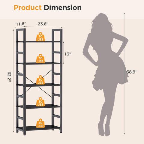 Heavy Duty Five Tier Bookshelf With Thick Wood Panels And Steel Frame Modern Tall Narrow Bookcase dimensions showing height 68.9 inches and width 23.6 inches.