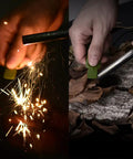 5 Inch Weatherproof Flint Ferro Rod Fire Starter Kit With Whistle And Paracord Lanyard Handle creating sparks and lighting fire