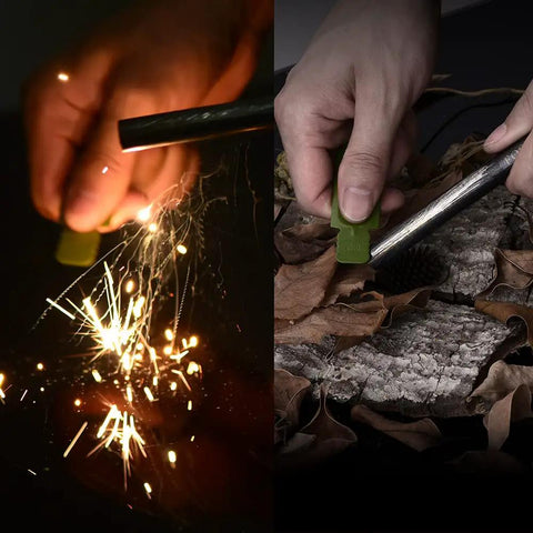 5 Inch Weatherproof Flint Ferro Rod Fire Starter Kit With Whistle And Paracord Lanyard Handle creating sparks and lighting fire