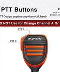 Dual Ptt Handheld Microphone Speaker For GMRS Ham Radios with PTT buttons labeled A and B in bright orange