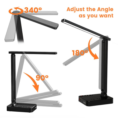 Adjustable Modern LED Desk Lamp With USB Ports And Type C, Two AC Outlets, 3 Lighting Modes showing flexible angle options