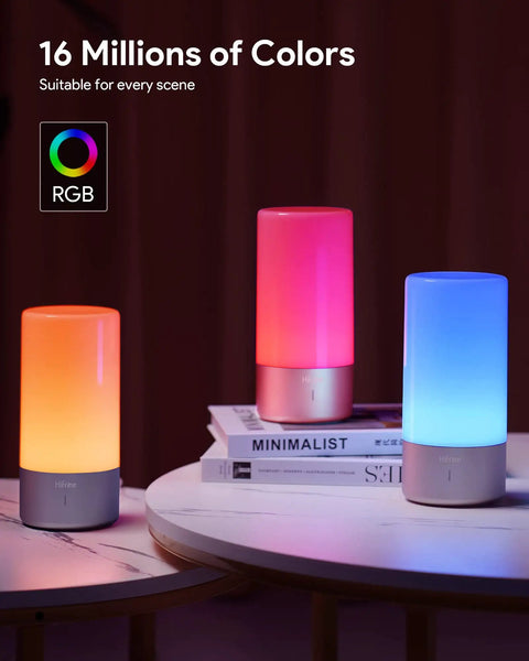 Touch Sensitive LED Table Lamp With Tunable Warm White And RGB Color Changing Night Light For Bedrooms Living Rooms And Hallways Great Reading Lamp For Any Space Gray with red, blue, and orange glow on tables