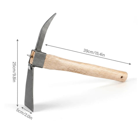 2-In-1 Garden Hoe And Pickaxe Heavy Duty Weeding And Digging Tool With Wood Handle, dual head design, dimensions shown